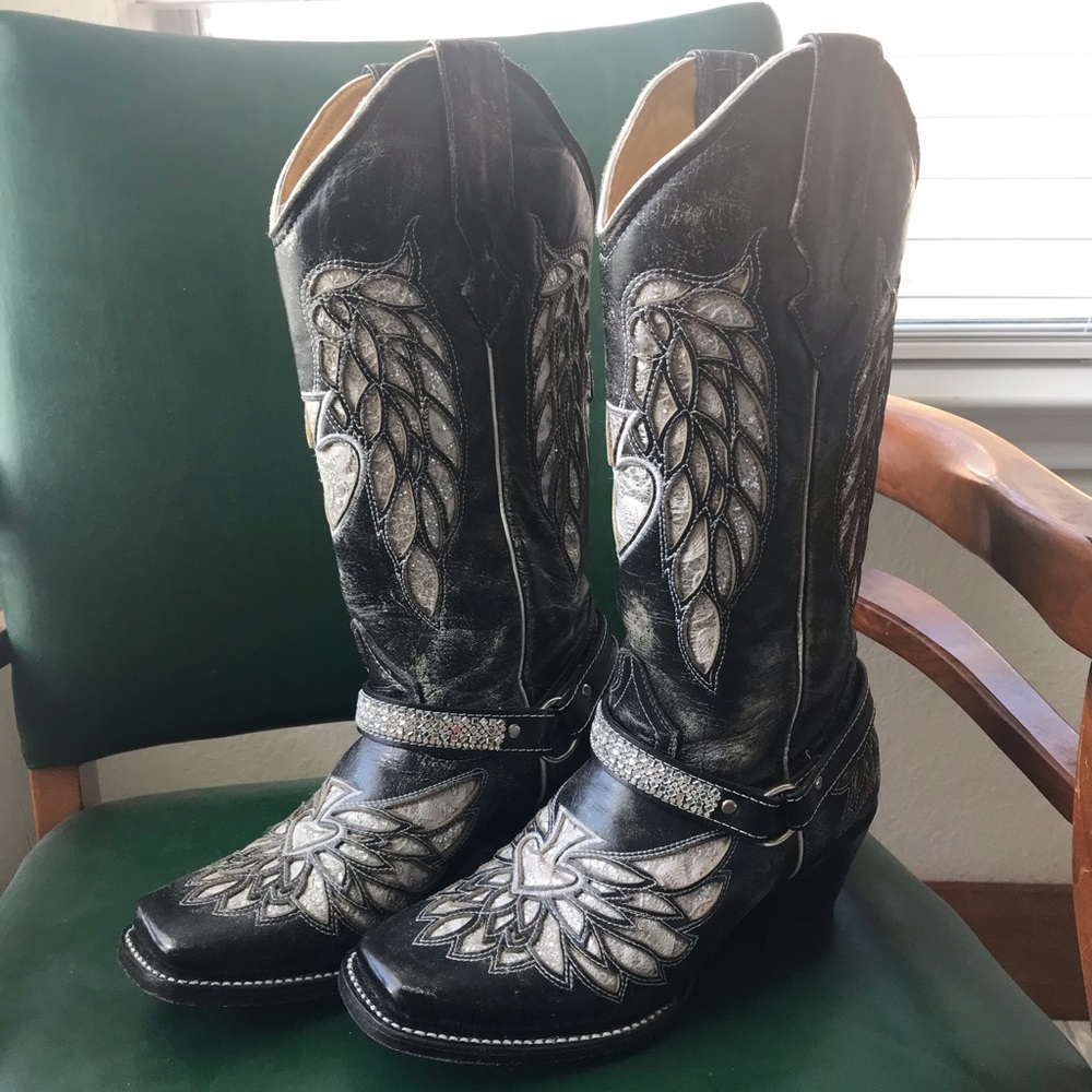 JOE BLACK BOVINE LEATHER COWBOY BOOTS BLING